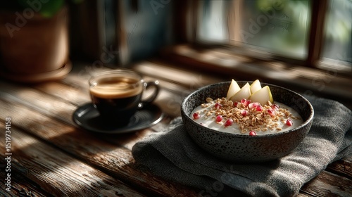 Top-down breakfast scene: vanilla bean yogurt with cashew granola, fresh pear slices and pomegranate seeds in handcrafted bowl, small shot of espresso and linen napkin placed asymmetrically 