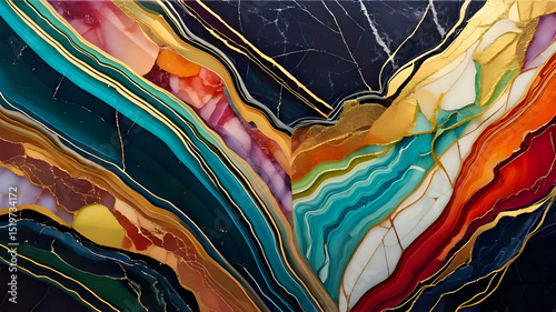 A vibrant abstract design featuring colorful layers and gold accents.