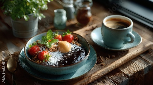 Flat lay of colorful wellness breakfast: açai yogurt base topped with chocolate granola, strawberries, coconut flakes, and a dollop of almond butter, espresso served in minimalist white mug, 