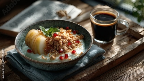 Top-down breakfast scene: vanilla bean yogurt with cashew granola, fresh pear slices and pomegranate seeds in handcrafted bowl, small shot of espresso and linen napkin placed asymmetrically 