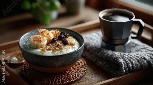 Top view of wholesome vegan breakfast: almond yogurt, hemp granola, banana slices, raisins, flaxseed and drizzle of maple syrup in round ceramic dish, beside moka pot coffee and handwoven placemat 