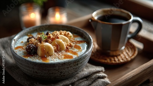 Top view of wholesome vegan breakfast: almond yogurt, hemp granola, banana slices, raisins, flaxseed and drizzle of maple syrup in round ceramic dish, beside moka pot coffee and handwoven placemat 