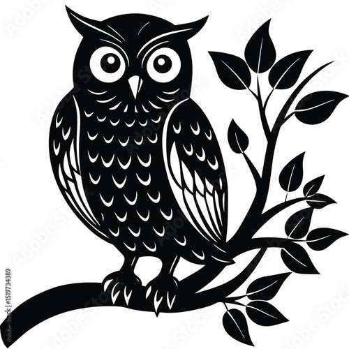 Majestic Owl Perched on Branch A Black and White Illustration