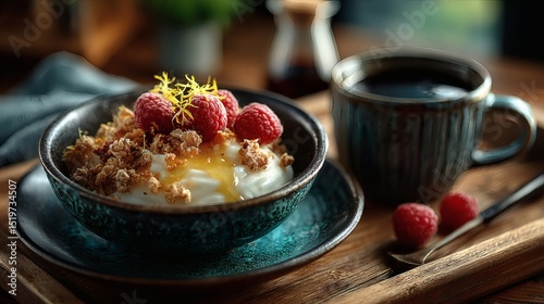Top view of bright breakfast: Greek yogurt swirled with honey, topped with fresh raspberries, granola and lemon zest, with pour-over coffee and tiny glass pitcher of almond milk on warm-toned 