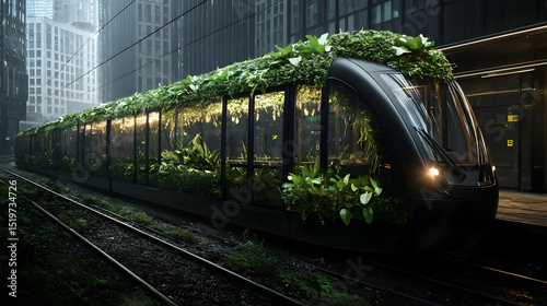 Modern Green Train In Urban Cityscape