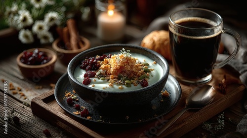 Overhead view of healthy breakfast essentials: bowl of plant-based yogurt, crunchy nut granola, cranberries, chia, and pumpkin seeds on aged maple table, black coffee in clear glass mug with 