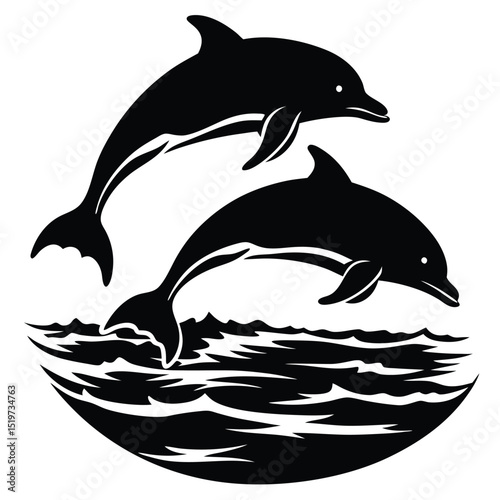Silhouette Vector Icon Two Dolphins Leaping in Ocean Waves
