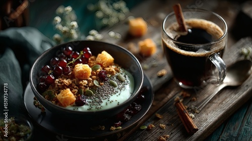 Overhead view of healthy breakfast essentials: bowl of plant-based yogurt, crunchy nut granola, cranberries, chia, and pumpkin seeds on aged maple table, black coffee in clear glass mug with 