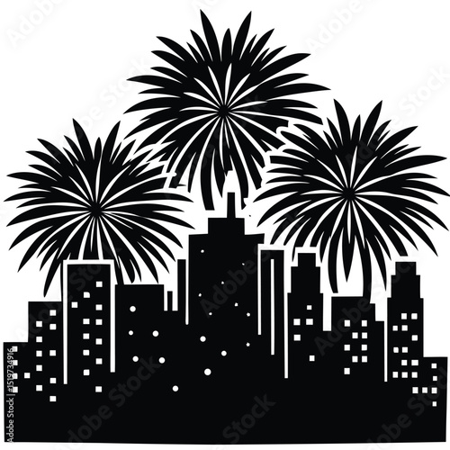 Cityscape Fireworks Black and White Illustration of Nighttime Celebration