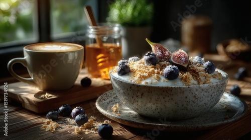 Flat lay of vibrant healthy breakfast: almond granola with unsweetened yogurt, scattered fresh figs and blueberries in a white speckled ceramic bowl, glass jar of honey with honey dipper, and 