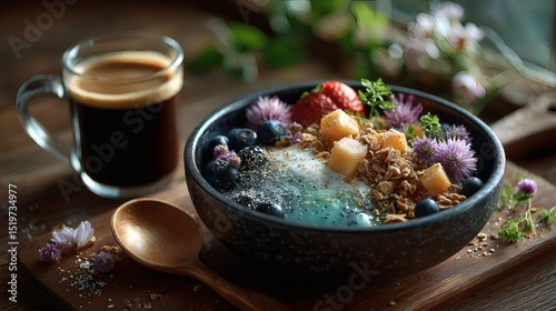 Flat lay of vibrant fruit and yogurt bowl: granola-topped coconut yogurt with strawberries, blueberries, dragon fruit and edible flowers, next to glass coffee mug with crema, wooden tabletop 