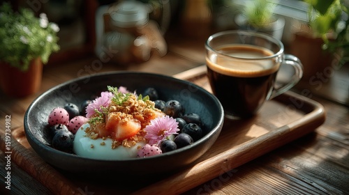 Flat lay of vibrant fruit and yogurt bowl: granola-topped coconut yogurt with strawberries, blueberries, dragon fruit and edible flowers, next to glass coffee mug with crema, wooden tabletop 