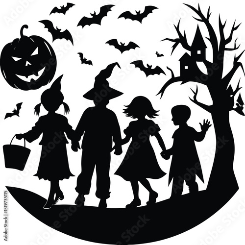Silhouette of Trick-or-Treaters Halloween Night Illustration