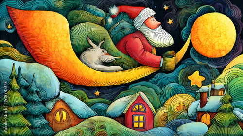 Whimsical Santa Flying with Reindeer Over Colorful Winter Village