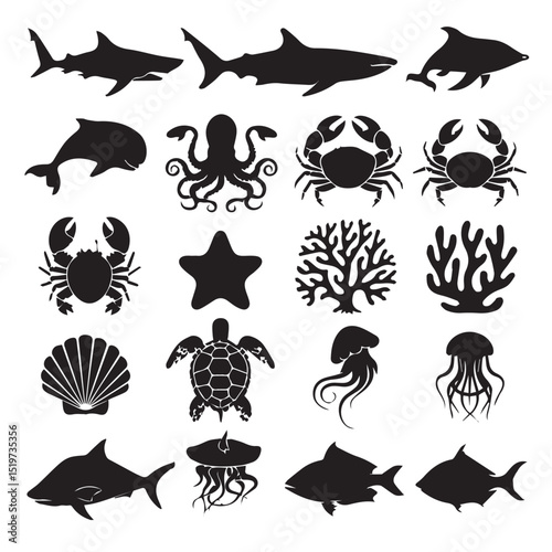 A diverse collection of black vector animal silhouettes, including fish, sea creatures, birds, and common pets like cats, dogs, and horses, perfect for icons or tattoo designs