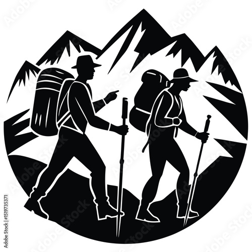 Adventure Hikers Silhouette Majestic Mountain Trek Illustration