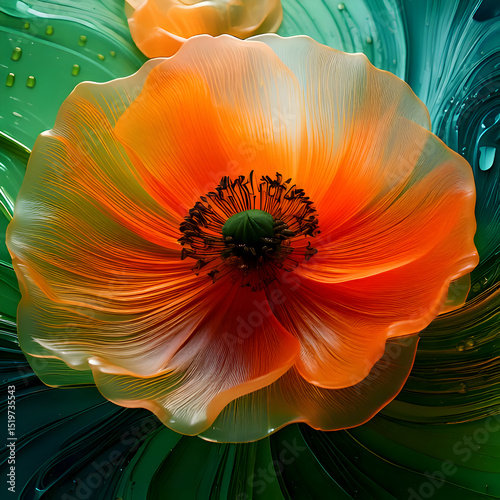 A vibrant orange flower with delicate petals against a green background.