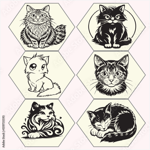 black and white cat vector-set