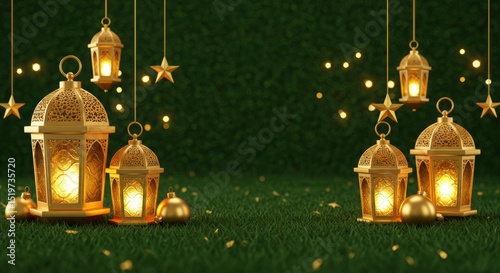 Golden lanterns and stars on green grass background with bokeh lights effect, Eid al adha celebration