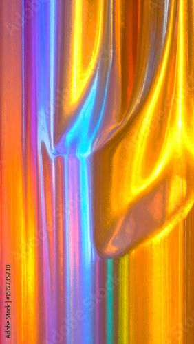 A vibrant, iridescent fabric displaying flowing colors and textures.