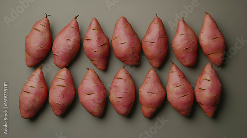 Roasted Sweet Potatoes Arranged In Rows On Gray Background