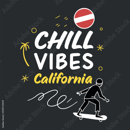 California chill vibes typography design featuring a skateboarder, palm tree and creative elements