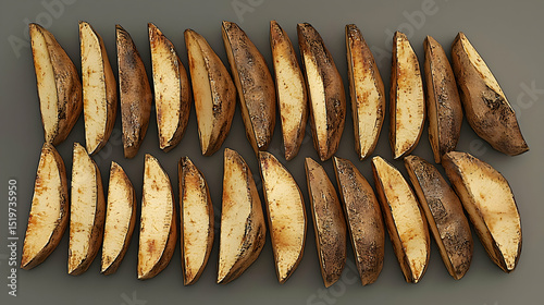 Arranged Potato Wedges On Gray Background