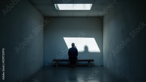 Solitary figure sits in a stark, white-walled room, bathed in a single shaft of light