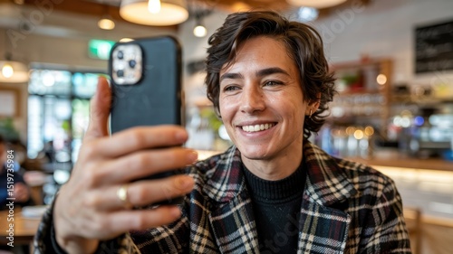 Smiling person using smartphone in cafe