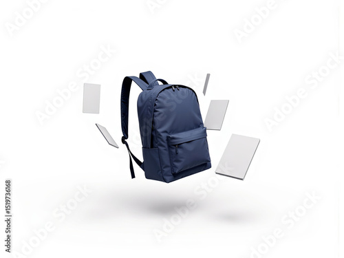 School backpack on white background surrounded by stationery