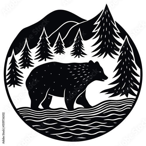 Majestic Black Bear Illustration in Mountain River Landscape