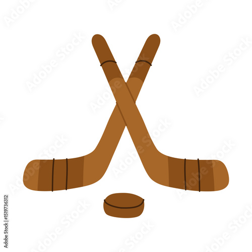 Hockey sticks crossed over each other with a hockey puck in the middle. The sticks are brown and the puck is white