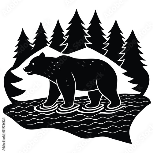 Majestic Black Bear Illustration Walking in a Forest Lake