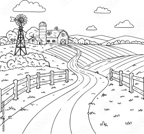 Vintage urban sketch of a city street with buildings, and trees, illustrating the road and architectural landscape