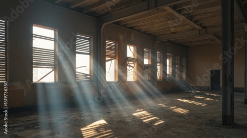 Sunbeams pierce a derelict industrial hall