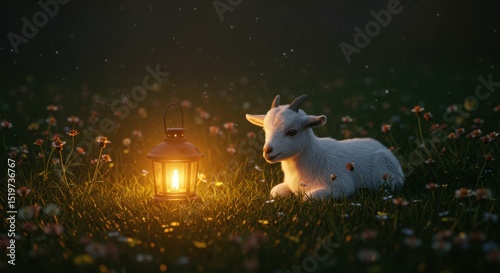 A white goat resting near a glowing lantern in a field of flowers at dusk time, Eid al adha celebration