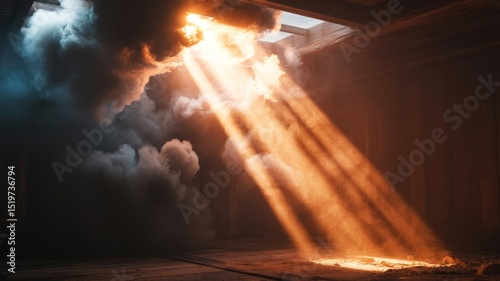 Sunbeams pierce smoky interior