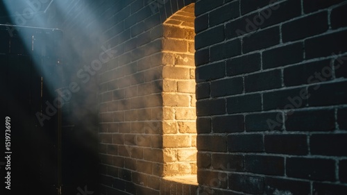 Sunlight beams through a brick wall's arched window, illuminating haze
