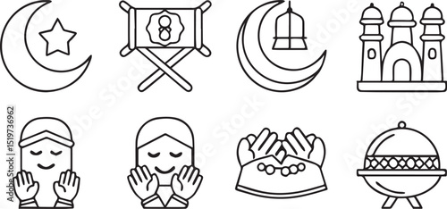 Islamic Icons Set Editable Eid Festival Line Art