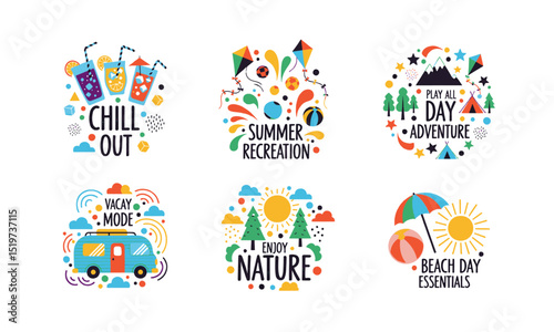 Dynamic Summer Emblems: Celebrating Chill Out Vibes, Outdoor Adventures, and Beach Days