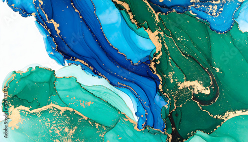 An abstract artwork featuring flowing blue and green colors with gold accents.