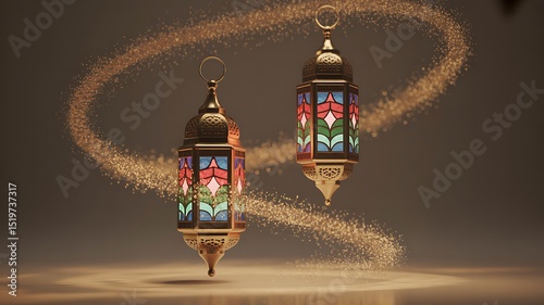 Ramadan Lantern: Festive Islamic Decoration, Elegant Gold & Colorful Glass