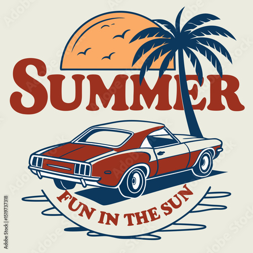 This retro-style summer illustration features a vintage orange muscle car labeled "Hype," parked beside palm trees with a setting sun in the background. The bold "Summer Style" typography and minimali