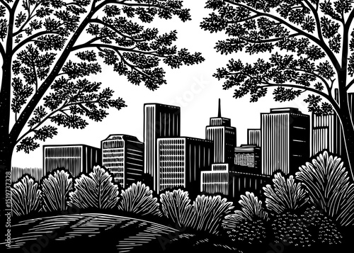 Detailed sketch vector of cityscape skyline with buildings and trees, black and white ink drawing, minimal but intricate