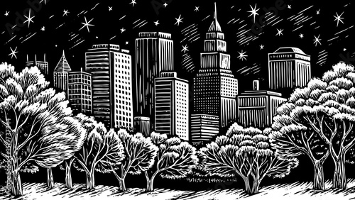 Detailed sketch vector of cityscape skyline with buildings and trees, black and white ink drawing, minimal but intricate