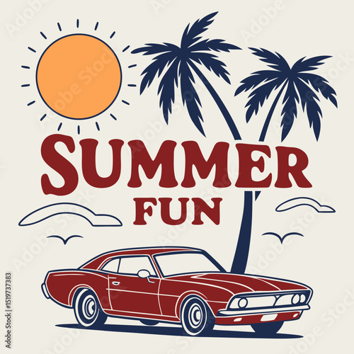 This retro-style summer illustration features a vintage orange muscle car labeled "Hype," parked beside palm trees with a setting sun in the background. The bold "Summer Style" typography and minimali