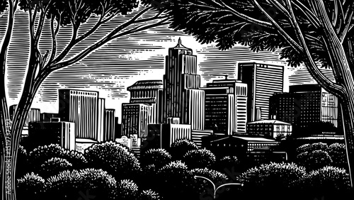 Detailed sketch vector of cityscape skyline with buildings and trees, black and white ink drawing, minimal but intricate