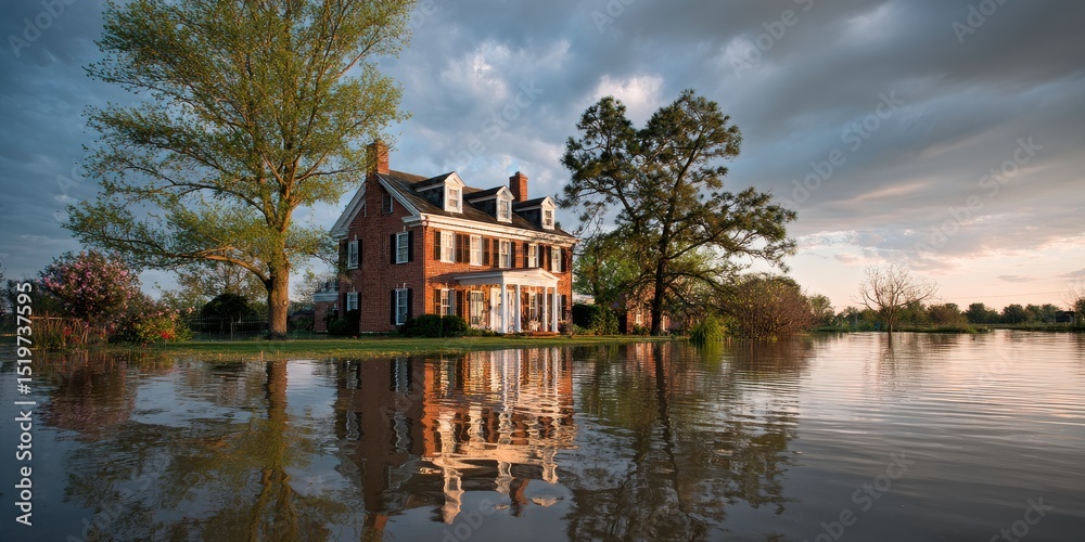 Obraz premium A stunning image of large brick house stands surrounded by floodwaters, reflecting the impact of severe flooding on residential property.