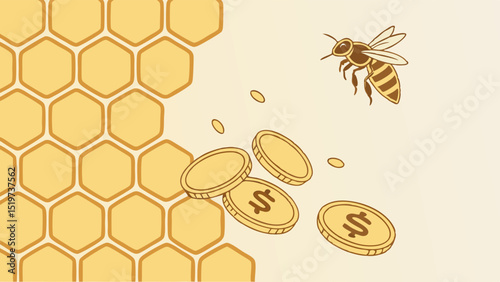 Honeycomb and Currency A Visual Representation of the Sweetness of Financial Success, Illustrating Prosperity, Wealth, and Abundance through a Unique Honey Bee and Coin Design