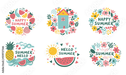 Cheerful Summer Collection: Vibrant Emblems Featuring Fruits, Flowers, and Happy Greetings